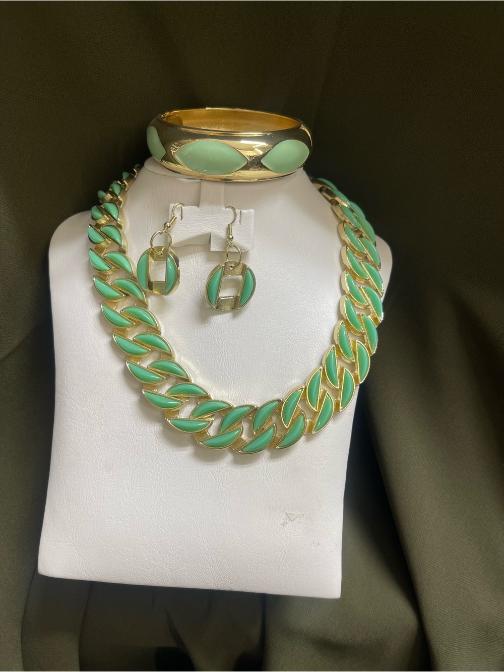Gold-Plated Mint Green Enamel Jewelry Set - Necklace, Bracelet & Earrings